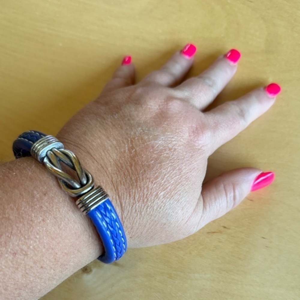 Leather Blue Braided Bracelet with Silver Accents Love Knot